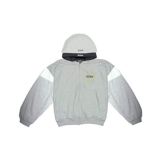 DROP X HOODIE ZIP UP DOBLE GORRO- GRIS MELANGE