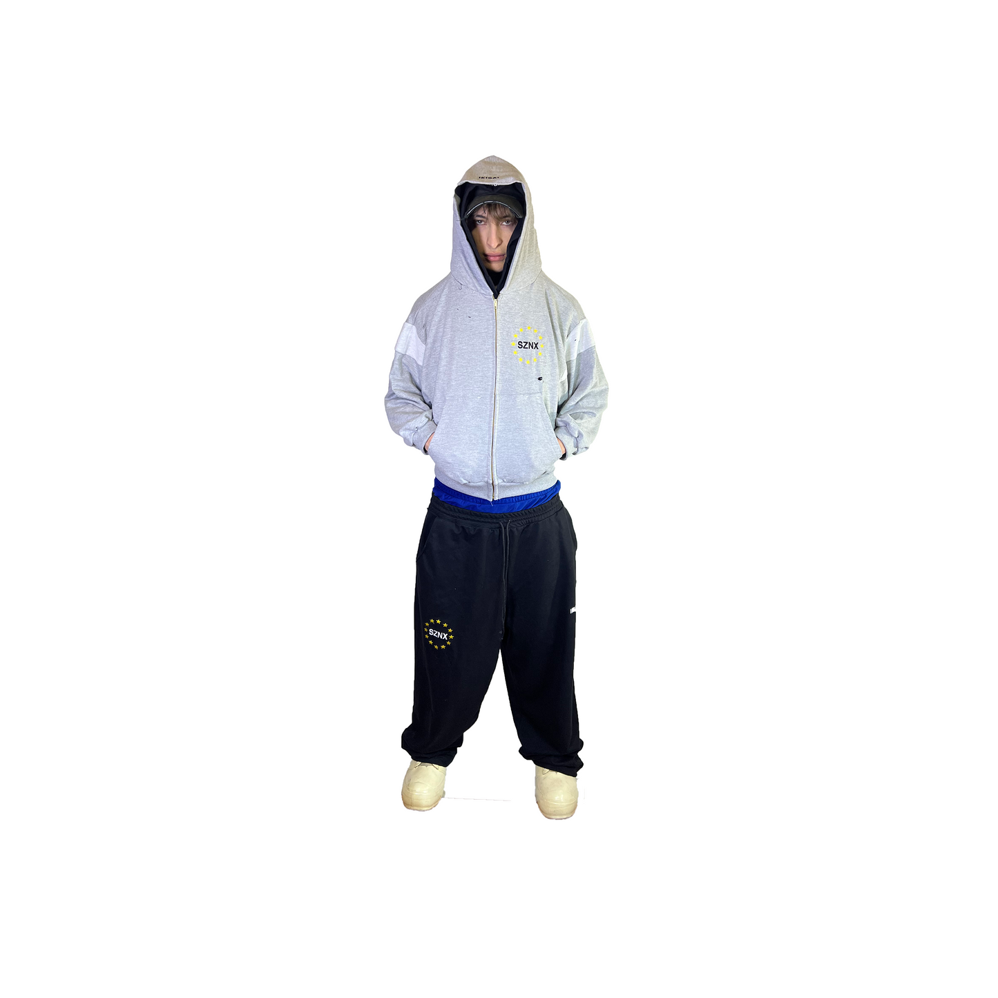DROP X HOODIE ZIP UP DOBLE GORRO- GRIS MELANGE